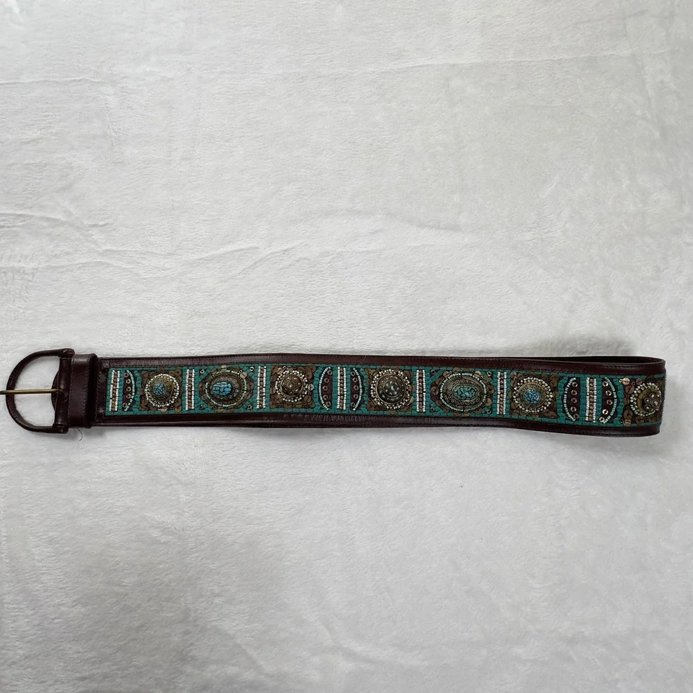 Chicos Turquoise Beaded Thick Leather Belt Womens Sz L Brown Boho Medallion